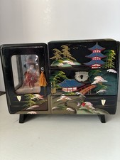 Japanese Vintage Black Lacquer Jewelry Box Hand Painted Design Musical Box picture