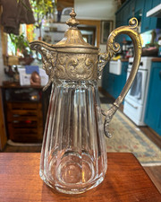 French Crystal Claret Jug, Figural Bacchus Mask Ornate Gilt Metal C. 1900 * READ picture