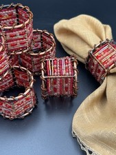 Pier 1 Imports Set of 8 Copper Brass Red Beaded Napkin Rings Holiday Table Decor picture