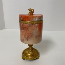 Vintage Italian Coral Alabaster Lidded Jar With Brass Dolphin Finial • Chipped picture