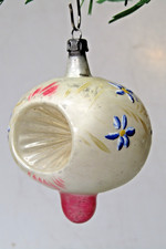 VTG Glass Double Indent FLOWER Pictured Finial DROP Christmas Ornament Poland #5 picture