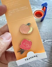 Starbucks Teavana Enamel Pin Set Peach Fruit & Rose Flower Lapel Pins 2 Pcs picture