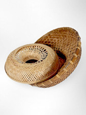 Vintage Woven Bamboo Asian Douli Rice Farmer Sun Hat w Replacement Insert picture