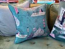 Miami MOD Biomorphic Mobiles on Turquoise ATOMIC  Barkcloth Vintage Pillow Cover picture