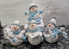 Set of 4 Adorable Ceramic Blue & White Snowmen Ornaments - 3.5 
