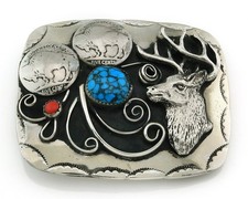 Navajo Dear Head Belt Buckle .999 Nickel Vintage Turquoise & Coral picture