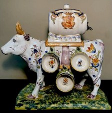 RARE ANTIQUE 1800’s France Majolica Pottery Faience Cow Pub & 6 Shot Glasses picture