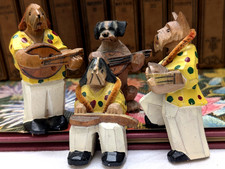 VTG FOLK ART HAND CARVED HAND PAINTED WOOD SHELF SITTER ANTHROPOMORPHIC DOG BAND picture