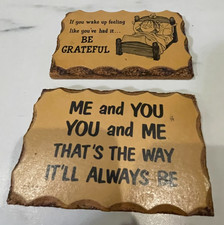 2 VTG Paula's Wooden Mottos Funny Quote Postcard Plaque Be Grateful You and Me picture