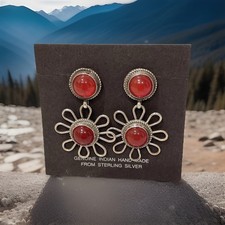 Vintage Navajo Sterling Silver Floral Natural Red Stone Earrings 1980s-1990s picture