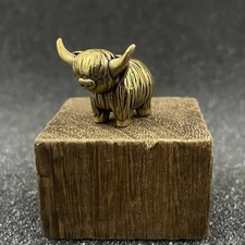 Mini Brass Highland Cow Figurine Vintage Copper Animal Statue Desk Decor Gift picture