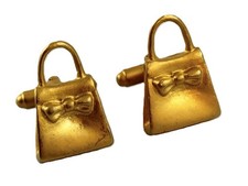 Vintage Gold Tone Handbag Purse Novelty Cufflinks Bow Accent Mid Century Jewelry picture
