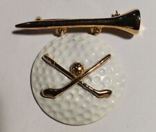 Vtg AJC Goldtone Golf Tee with White Enamel Golf Ball Cross Clubs Pin Brooch picture