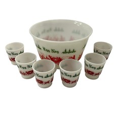 Vtg 50s Hazel Atlas Milk Glass Egg Nog Punch Bowl & 6 Mugs Set Christmas Sleigh picture
