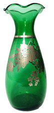 Vintage Handblown Vase Green Art Glass with Sterling Silver Overlay Ruffled Rim picture