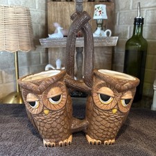 Vintage 1984 Sittre Ceramic Double Sided Owl Caddy, Planter, Utensils Tan picture