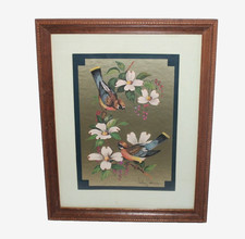 VTG Birds on Dogwood Gold Foil Print Framed Matted Signed William J Whiteside picture