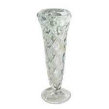 Vtg Clear Pressed Glass Trumpet Bud Vase Diamond Pattern Scallop Rim Round Foot picture