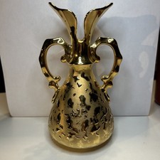Vintage Elynor China Weeping Gold Vase 22K Gold Handled Mid Century USA Pottery picture