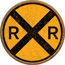 Railroad Crossing Sign  Warning Train Tin Embossed Garage Distressed Round 12'' picture