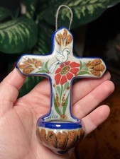 Tonala Mexican Art Pottery Cross Holy Water Font Wall Pocket Bird Floral picture