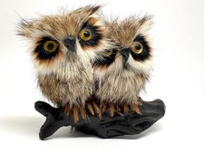 Vintage Set Of 2 Owls On A Branch Fur Horned Owls picture