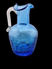 VTG Blue Pilgrim Blown Crackle Art Glass Mini Pitcher Bud Vase picture