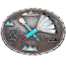 Sibert-Janita Kallestewa Zuni Vintage sterling silver channel inlay belt buckle picture