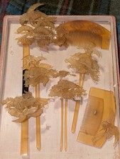 Fine Antique Japanese Kanzashi Hair Ornament Set Carved Celluloid Cranes Floral  picture