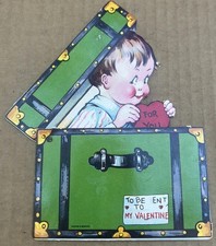Antique Germany Valentine Card Boy In Green Trunk Peeking Out Mechanical Love picture