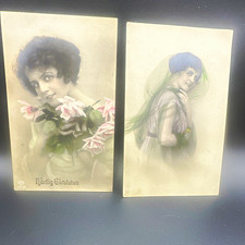 Lot of 2 Antique Edwardian Postcards Glamour Women EAS 1910s Stamp Swedish Mail picture