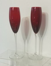 VTG Ruby Red Stemmed Glass Champagne Flute Set Tapered tall Barware 2-Pc 10 in picture