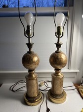 VTG HTF Pair Art Deco Eglomise CRACKLE GLASS GOLD TABLE LAMPS  Numbered picture