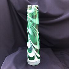 Murano Style Column Vase Green And White Art Glass Hand Blown Tall Vase 11” picture