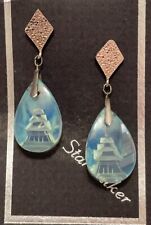 VINTAGE SABINO ART GLASS EARRINGS SACRED TEMPLE ETCHING STERLING SILVER picture