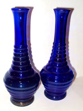 2 Vintage Cobalt Blue Glass Bud Vases Rings Ribbed 8
