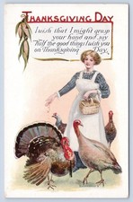 Thanksgiving Day Woman Feeding Turkeys Holiday Motto The Fairman Co. Postcard picture