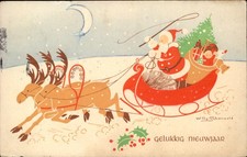 New Year's Santa Claus in Sleigh Willy Schermel?? c1910s-20s Vintage Postcard picture