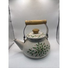 Holiday 2qt Enameled Tea Kettle With Wooden Handles * picture