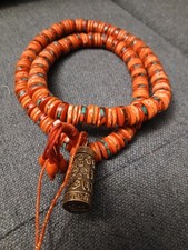 Artisan Made Tibetan Style Prayer Mala 108 Red Bone Beads Brass Mantra Pendant picture