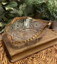 VTG Pressed Glass Crystal Dish Sawtooth Gold Rim 7 in L Clear Cut Class picture