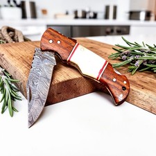 Handmade Folding Pocket Knife Hnad Forged Damascus Steel Blade Wood Handle picture