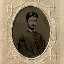 Antique Tintype Photograph Beautiful Charming Young Woman Teen Fern Hair Piece picture