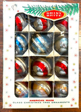 12 Vintage 1960's SHINY BRITE - STRIPED Mercury Christmas Ornaments in Box READ picture