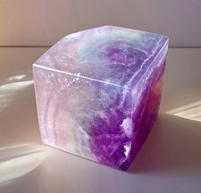 Natural Silk Fluorite XL Floating Cube - Rainbow Purple Mica Fluorite carving picture