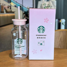 Starbucks 2025 china 17oz Pink Sakura Coffee Cup Shake Straw Cup Glass Milk Cups picture