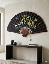 Large 72” Hand Painted Oriental Silk Wall Fan VTG Asian Floral Bird Decor picture