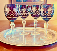 Vintage Lausitzer Kristall Ruby Cut to Clear 4 Wine Glasses, 7 1/2