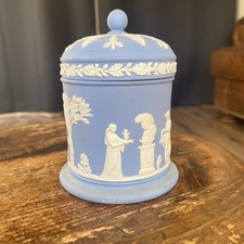 Vintage Wedgwood Blue & White Jasperware 4 1/2” Tobacco Jar With Lid  picture