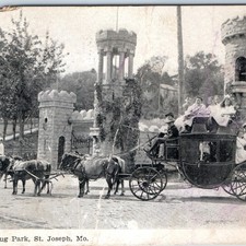 c1900s St. Joseph, MO Postcard Krug Park Entry Castle Gate Horse Carriage picture